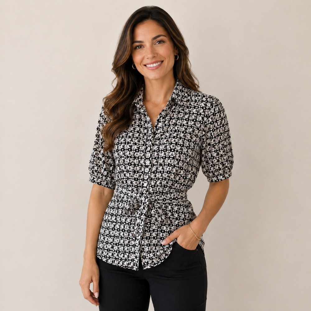NY Collection Petite PM‎ Black White Geometric Floral Sheer Belted Blouse Top